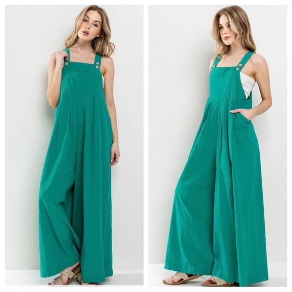 05 Solid Linen Blend Three Buttons Adjustable Strap Jumpsuit - Picture 4 of 5